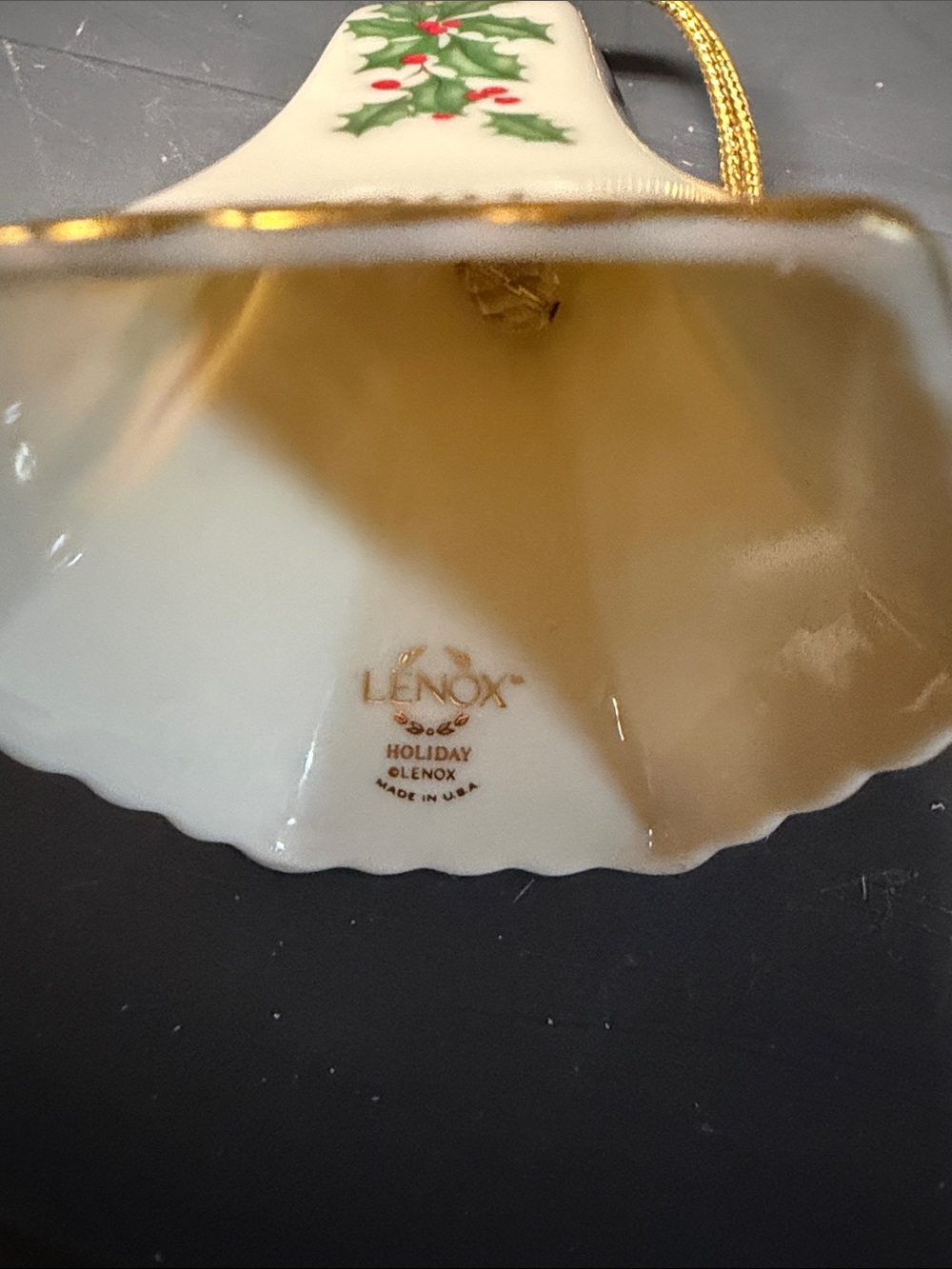 1991 Lenox Holiday Holly Porcelain Bell Ornament - Gold Tassel - Picture 8 of 8